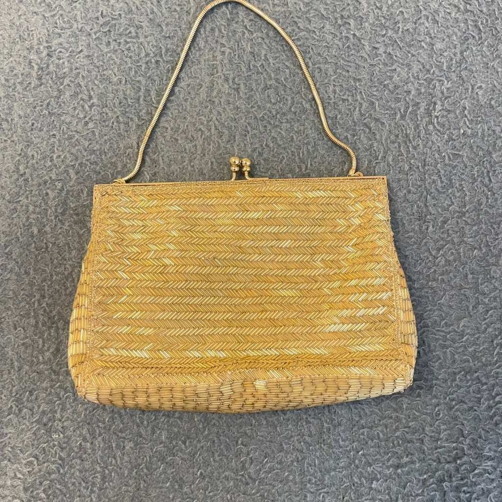 Vintage‎ Walborg Gold Beaded Kiss Lock Clutch Bag Hand Beaded Hong Kong Chevron